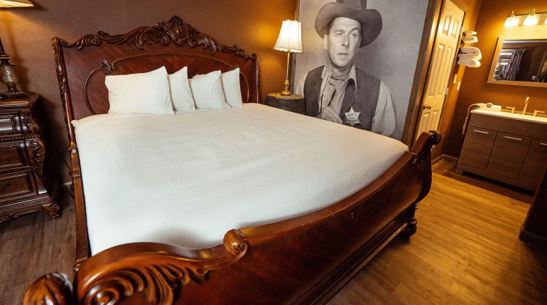 In the company of Ronald Reagan room, rest in tranquility. Our comfortable bed in the historically themed room ensures a restful night's sleep.